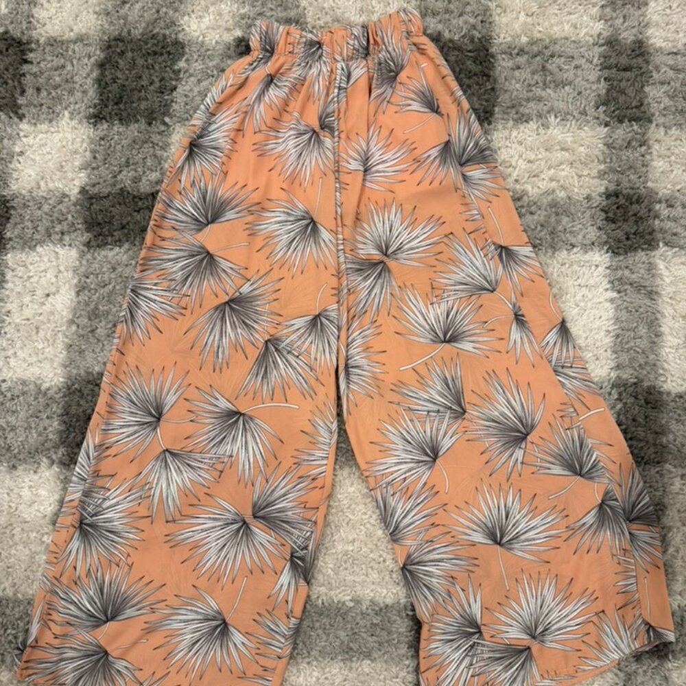 Akira Peach Palm Print Wide Leg Pants High Rise Trousers (S)